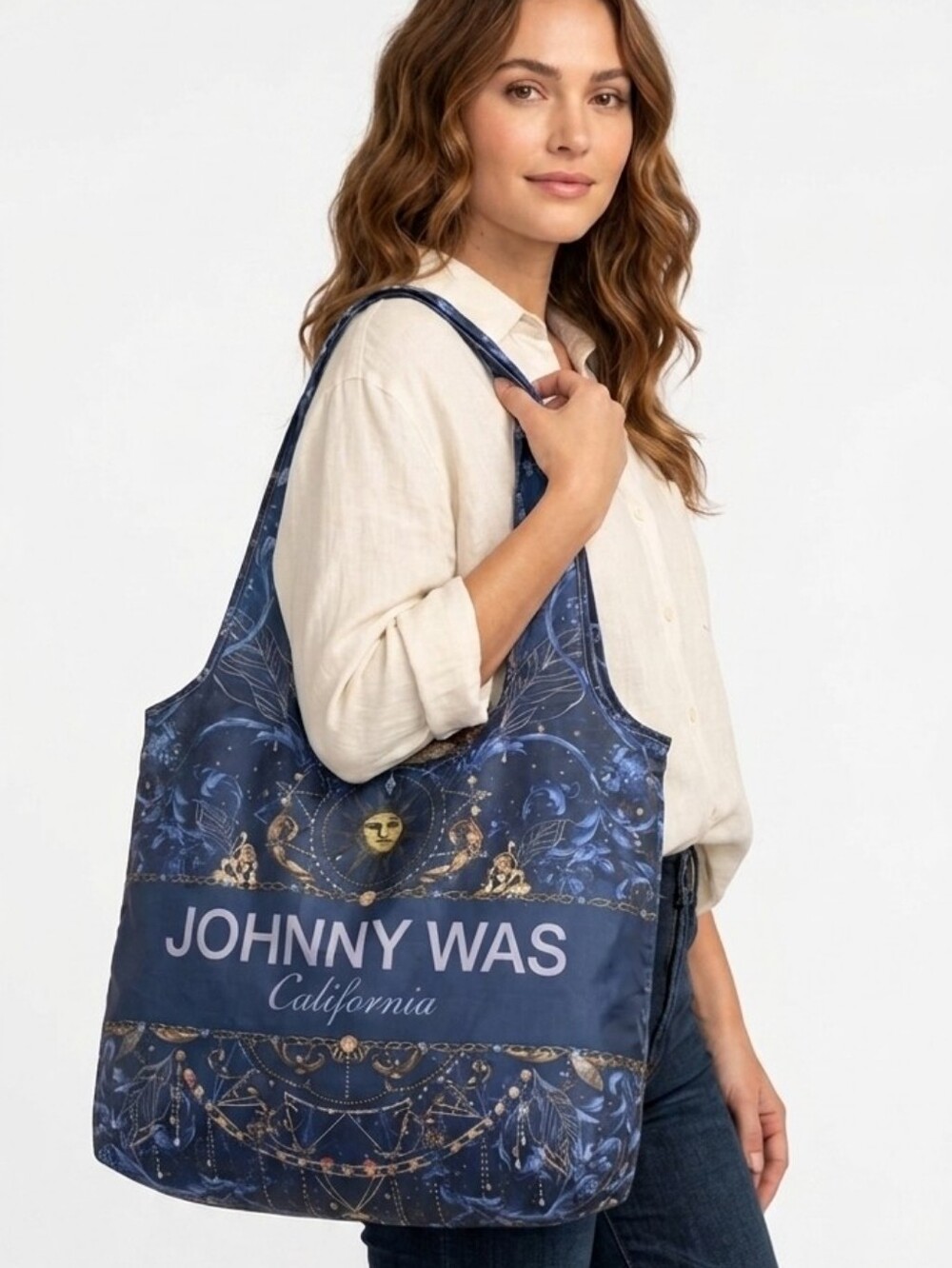 Johnny Was Navy Gold Celestial Sun Motif Lightweight Packable Foldable Tote Bag